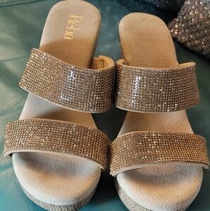 Gold Rhinestone Women's Wedge Sandals by Reba, size 7M